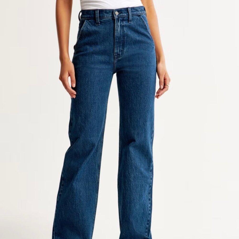 Abercrombie Curve Love High Rise 90s Relaxed Jean Dark Trouser Pockets Size 28L